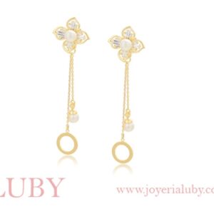 ARETES COLGANTES FLOR PERLA Y CÍRCULO
